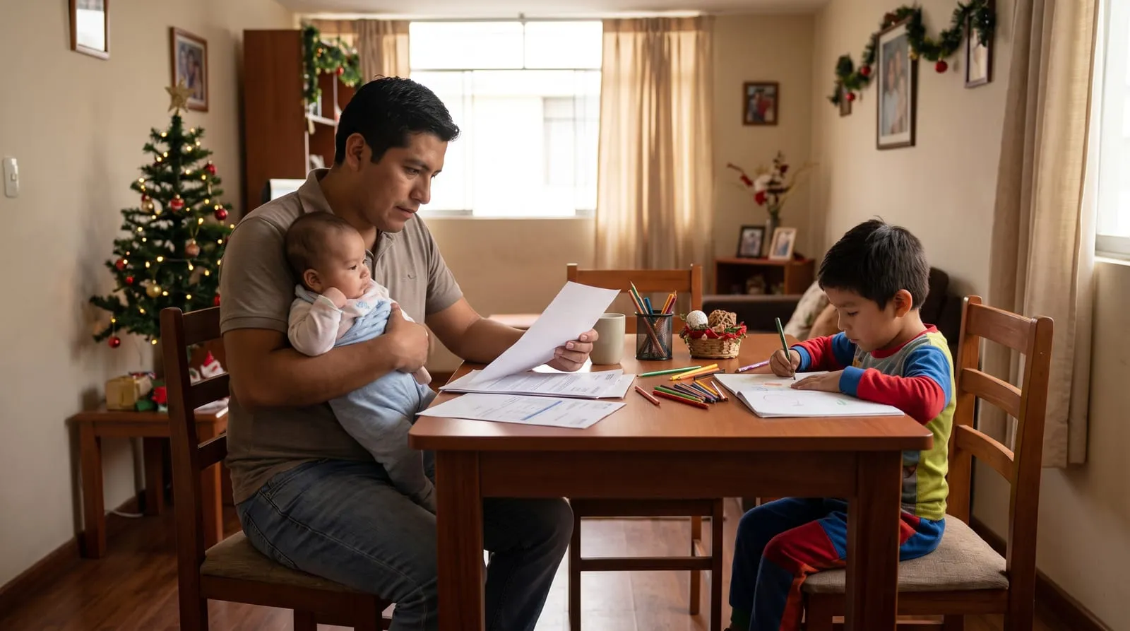 Padre con su bebé en brazos revisando documentos mientras su hijo dibuja en la mesa