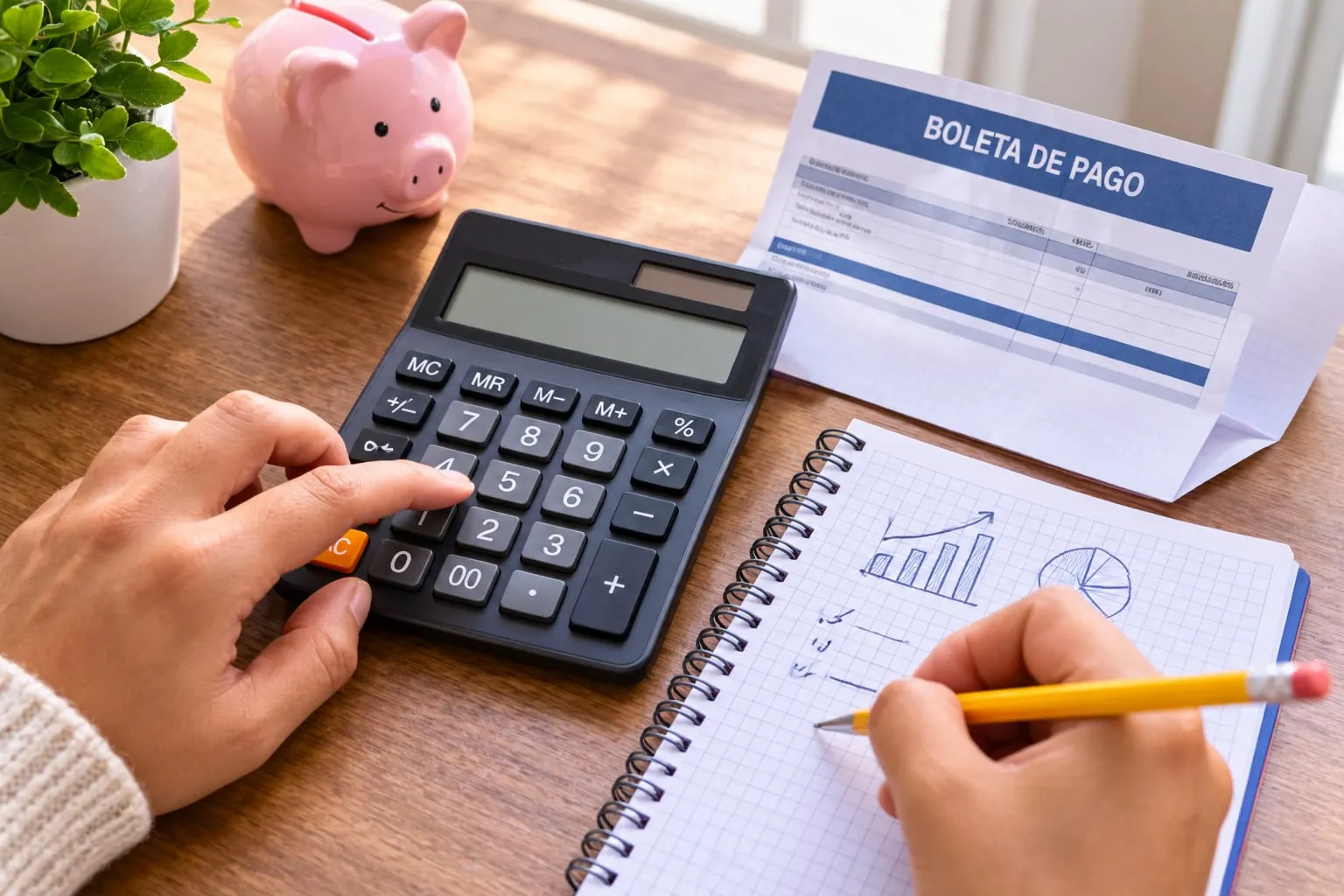 Manos usando una calculadora junto a una boleta de pago y una libreta