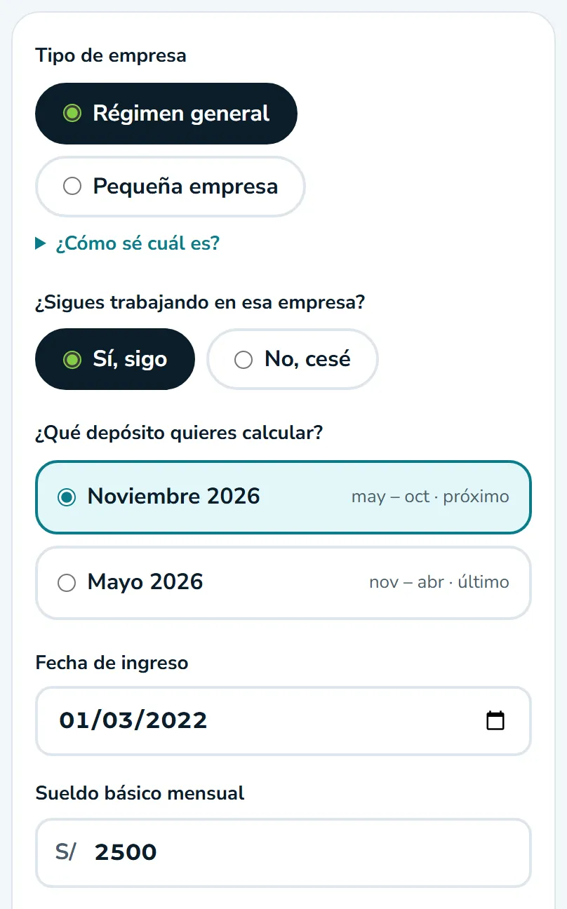 Formulario de la calculadora de CTS con datos de ejemplo