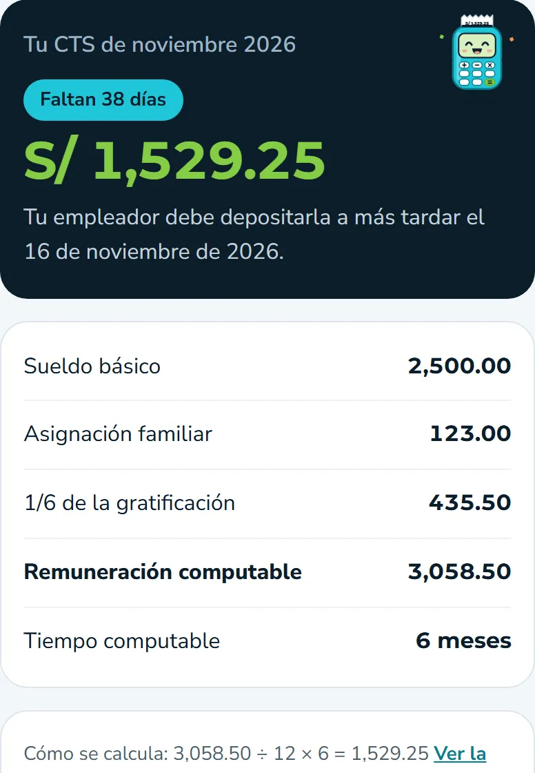 Resultado de la calculadora de CTS con el monto y su detalle