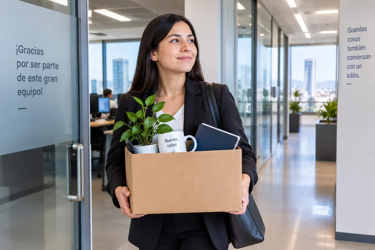 Trabajadora sale de la oficina con una caja de sus cosas en su último día