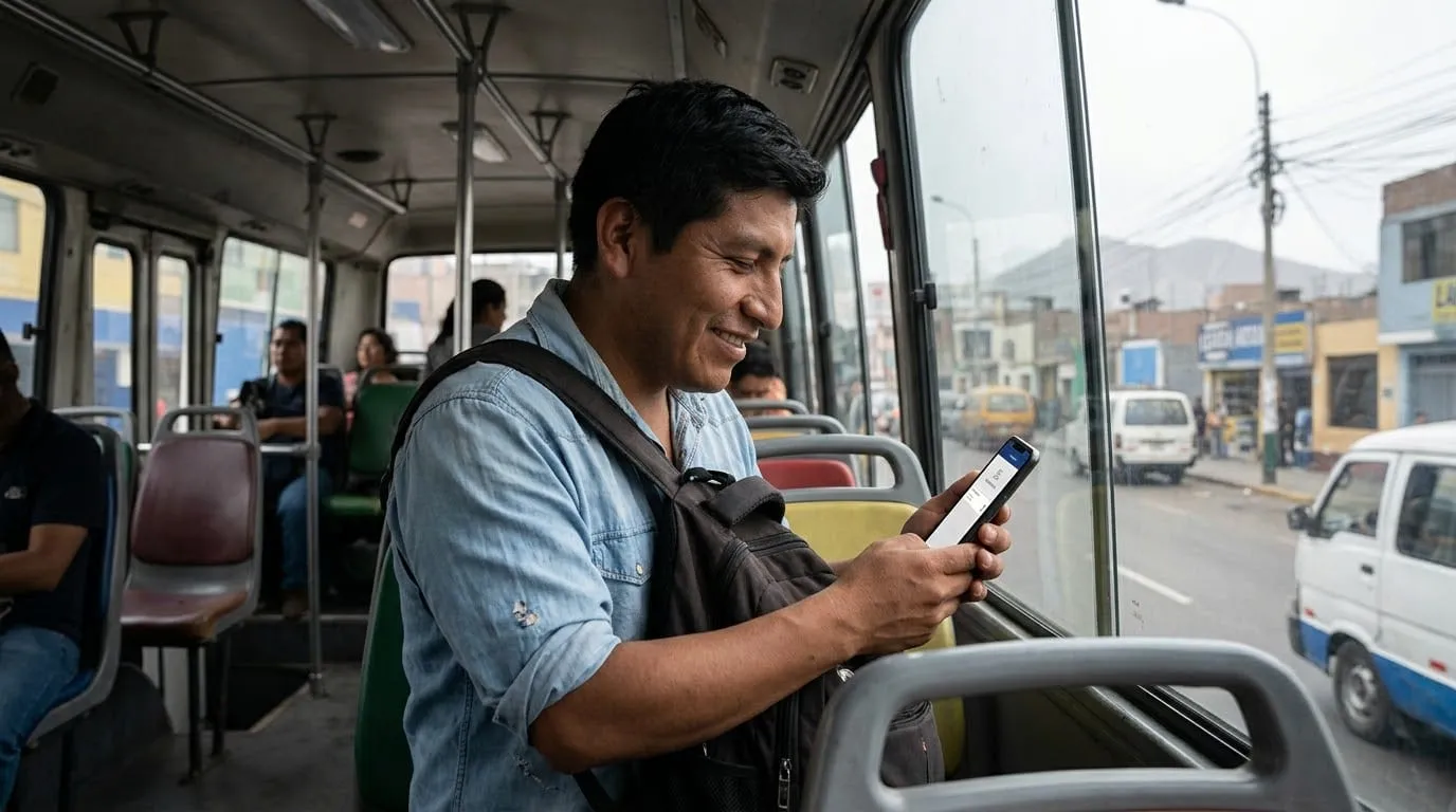 Trabajador en una combi de Lima mirando sonriente el depósito en su celular
