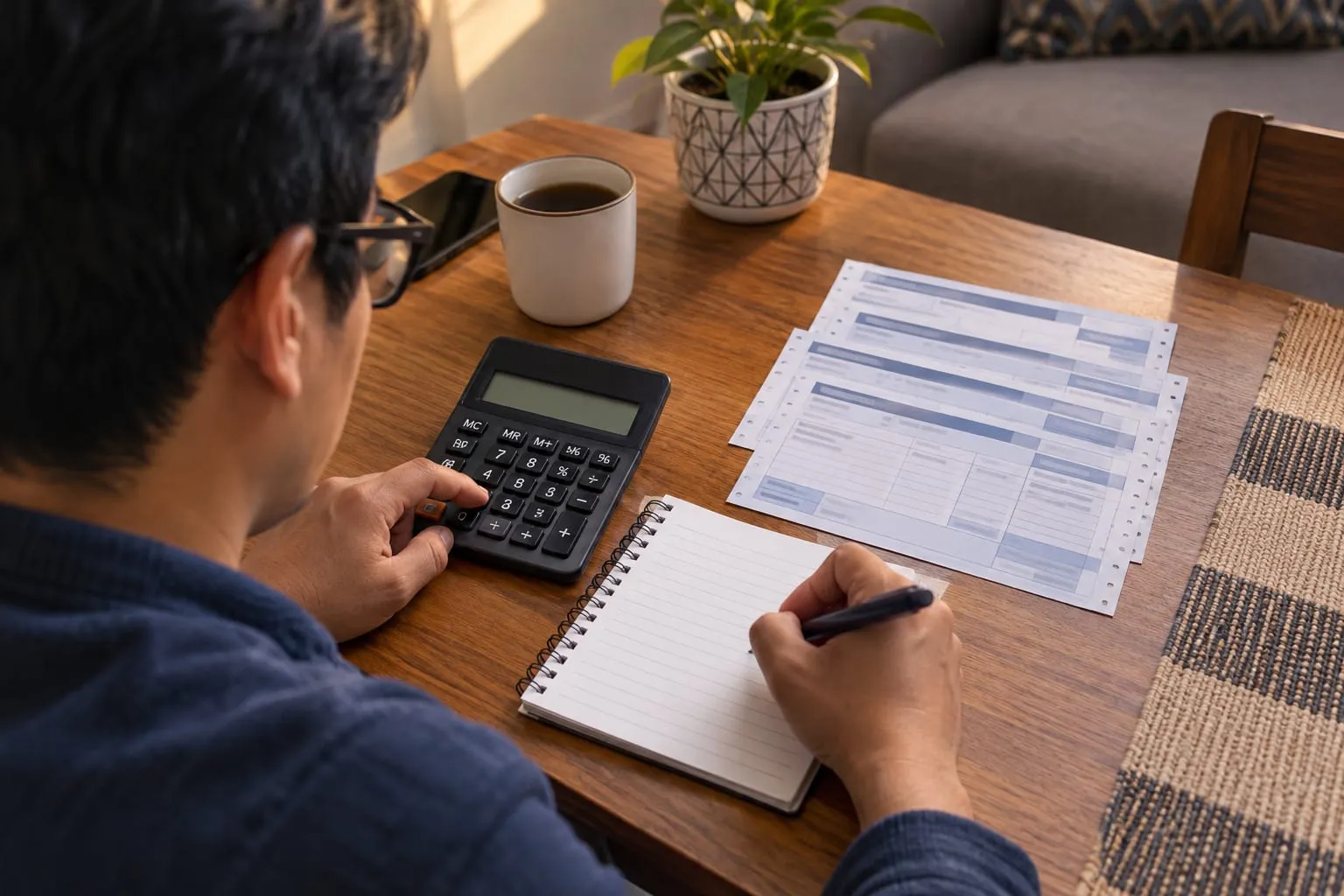 Trabajador calcula con una calculadora y una libreta, con sus boletas de pago al lado
