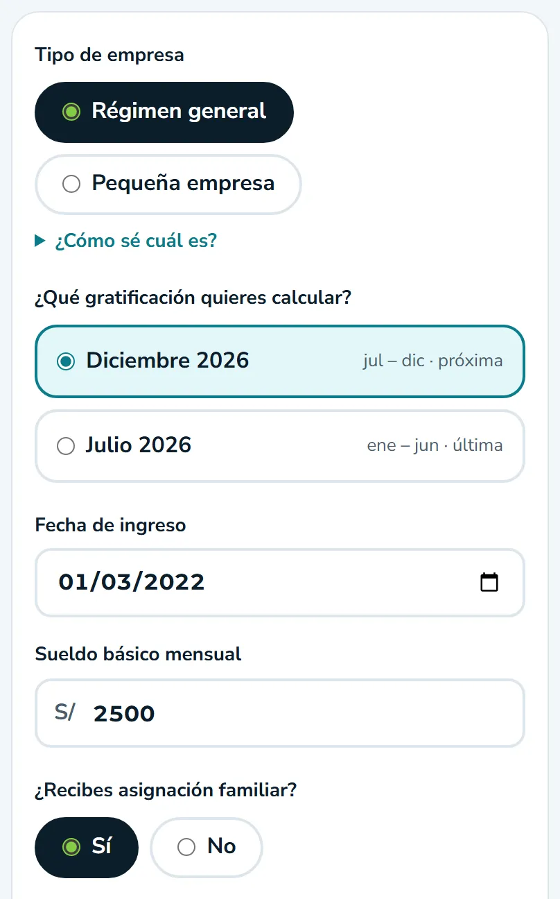 Formulario de la calculadora de Gratificación con datos de ejemplo