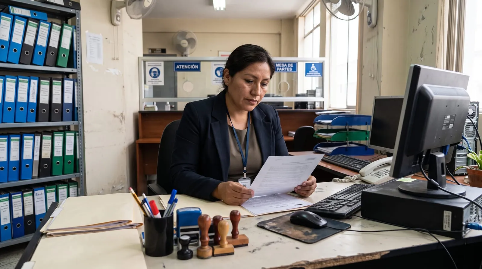 Servidora pública revisando un documento en una oficina del Estado