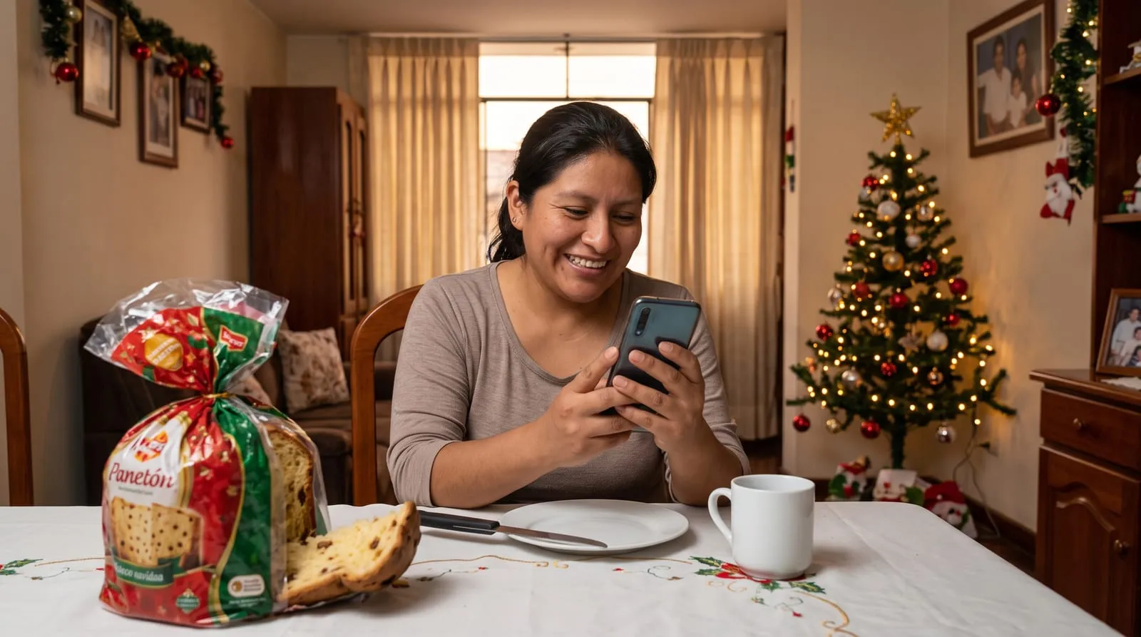 Trabajadora sonriente mira su celular en casa, con un panetón y el árbol de Navidad