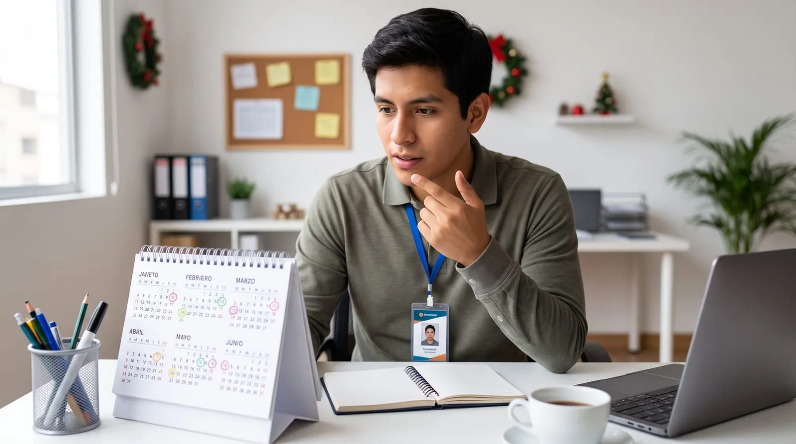 Trabajador recién contratado revisa un calendario de escritorio
