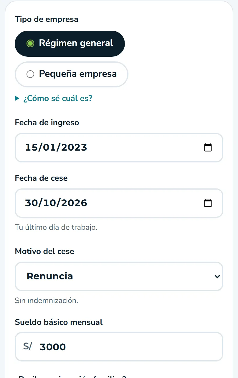 Formulario de la calculadora de Liquidación con datos de ejemplo