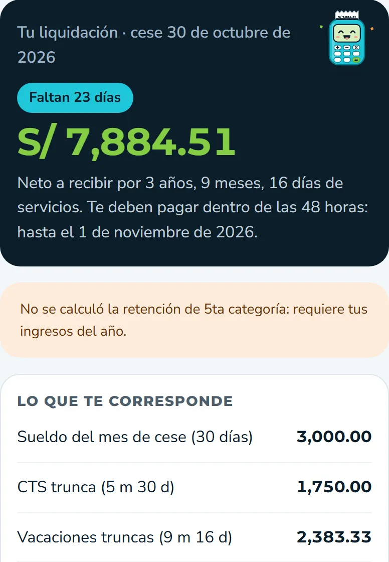 Resultado de la calculadora de Liquidación con el monto y su detalle