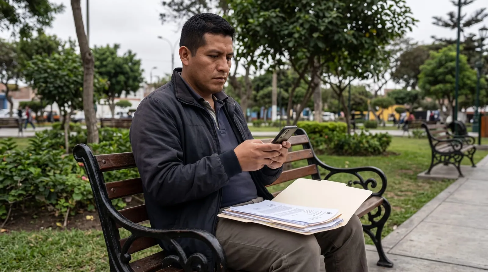 Trabajador sentado en la banca de un parque revisa su celular con un fólder de documentos