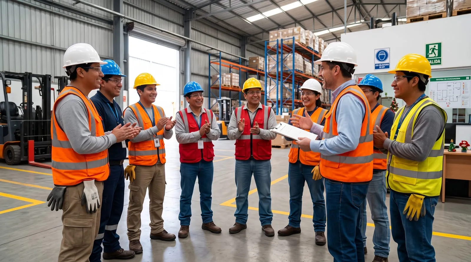 Trabajadores con cascos y chalecos aplauden una buena noticia en un almacén