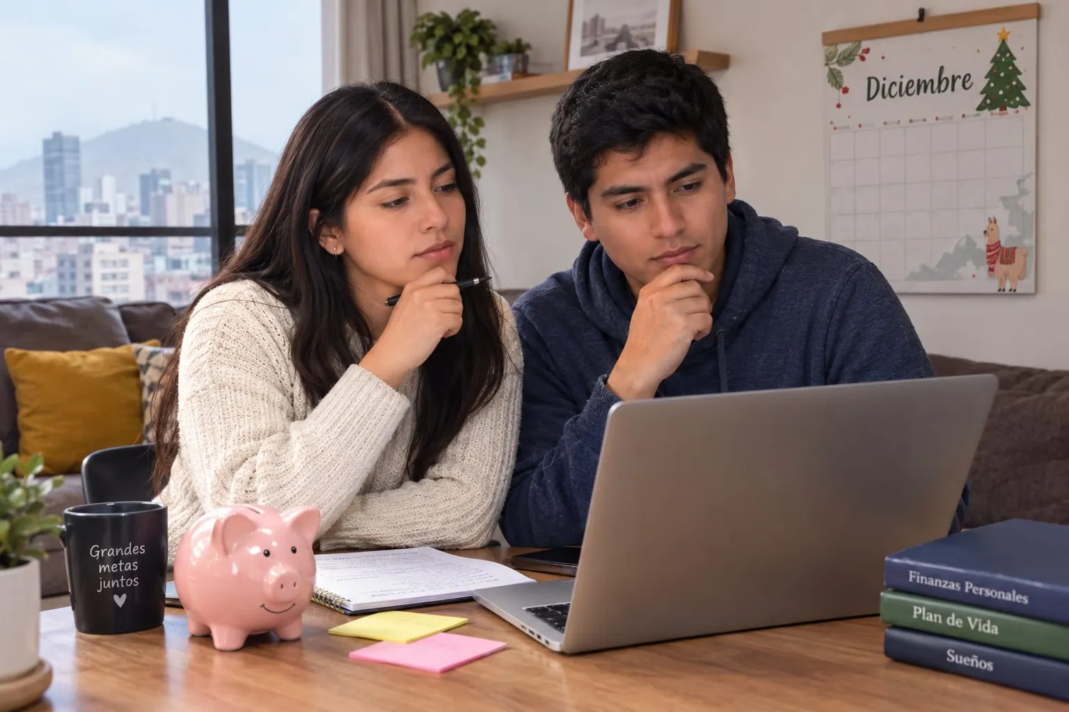 Pareja joven revisa en la laptop qué hacer con sus ahorros, junto a una alcancía