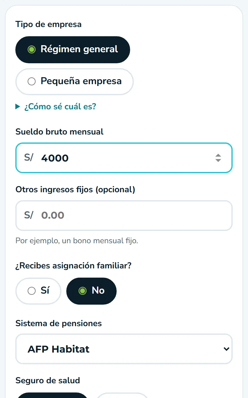 Formulario de la calculadora de Sueldo neto con datos de ejemplo
