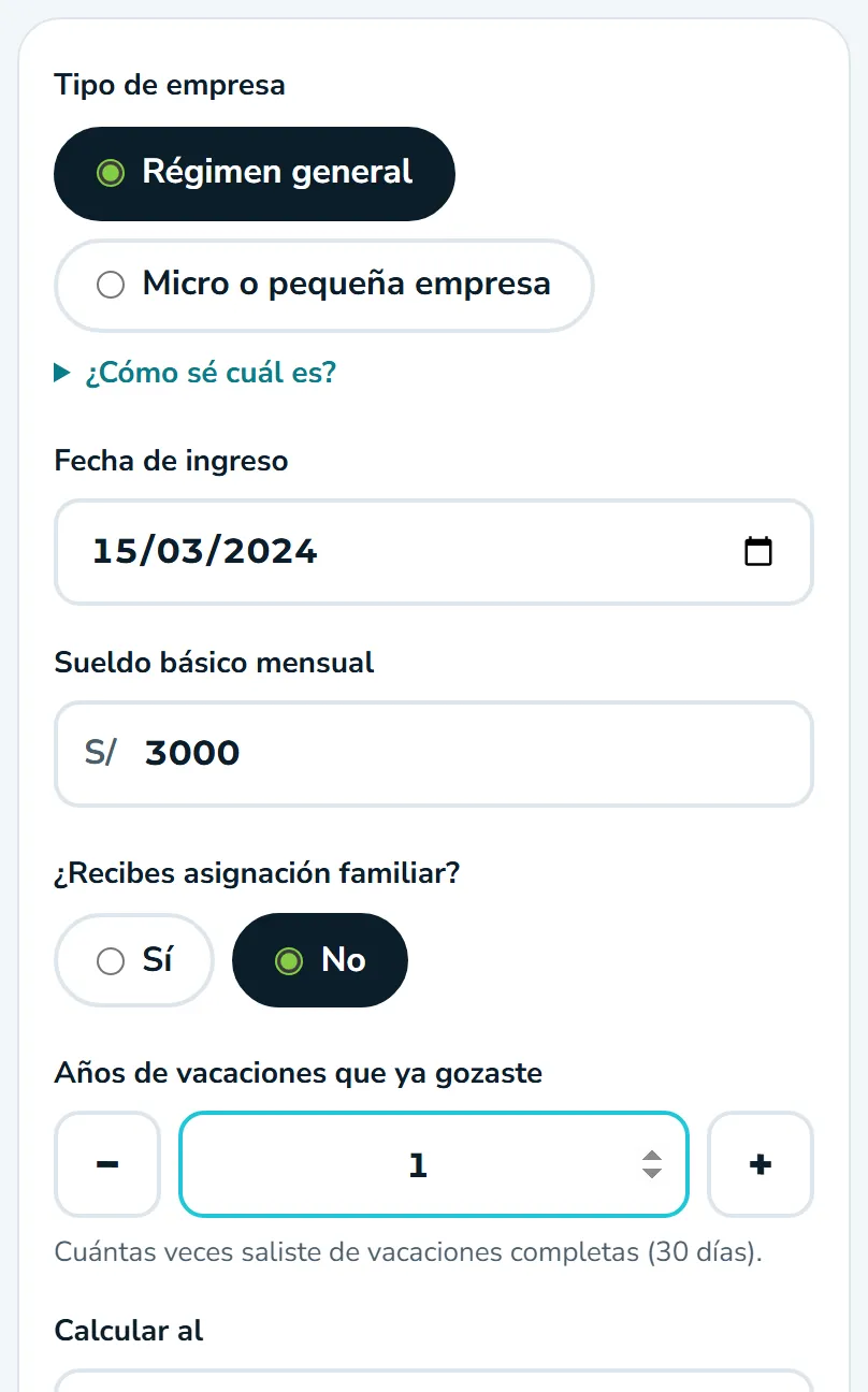 Formulario de la calculadora de Vacaciones con datos de ejemplo