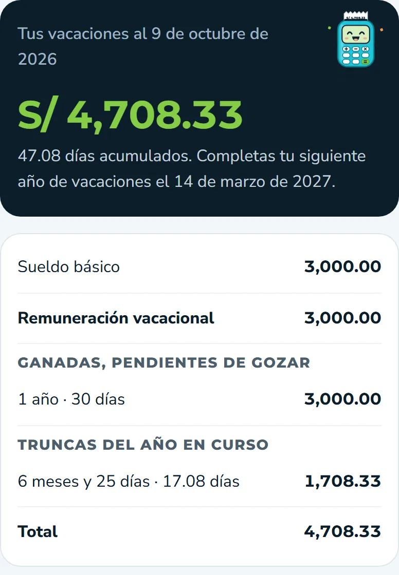 Resultado de la calculadora de Vacaciones con el monto y su detalle