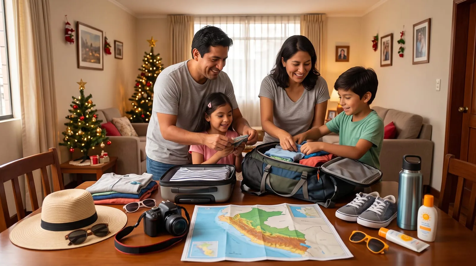 Familia prepara el equipaje para un viaje con un mapa del Perú sobre la mesa